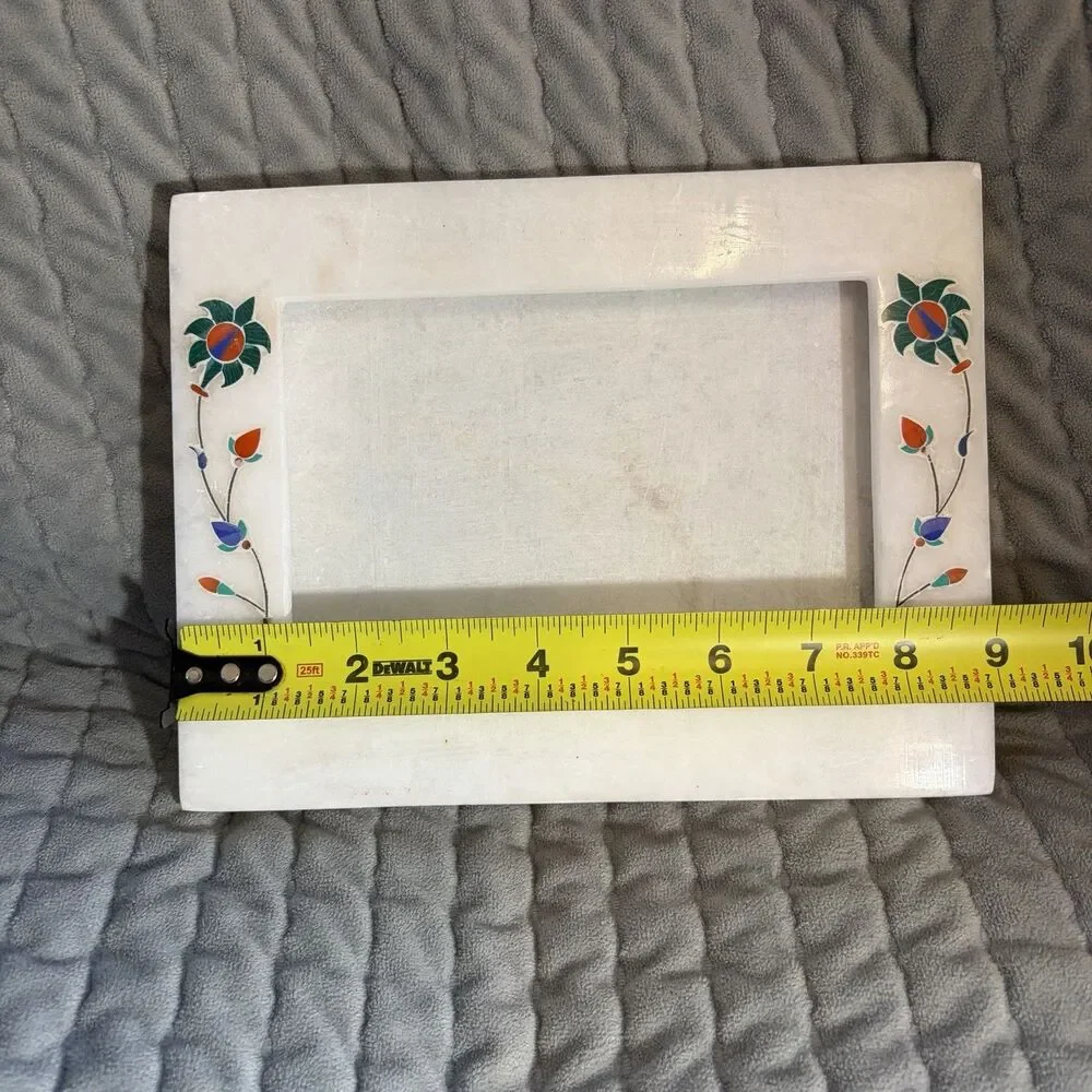 White Marble Floral Inlay Photo Frame Freestanding 7x10 Fits 4.75x7.25